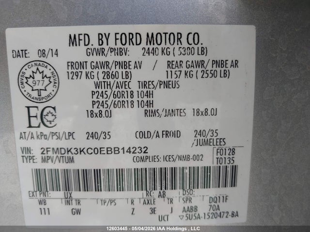 Ford Edge Limited 2014 2FMDK3KC0EBB14232 Image 9
