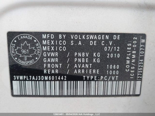 2013 Volkswagen Golf 2.0 Tdi Comfortline/2.0 Tdi Highline მანქანა იყიდება აუქციონზე, vin: 3VWPL7AJ3DM601442, აუქციონის ნომერი: 12603451