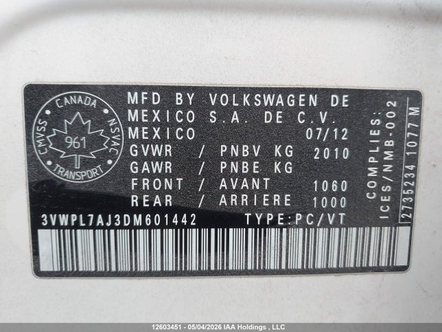 2013 Volkswagen Golf 2.0 Tdi Comfortline/2.0 Tdi Highline მანქანა იყიდება აუქციონზე, vin: 3VWPL7AJ3DM601442, აუქციონის ნომერი: 12603451