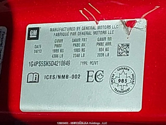 2013 Buick Verano მანქანა იყიდება აუქციონზე, vin: 1G4PS5SK5D4210849, აუქციონის ნომერი: 12603453