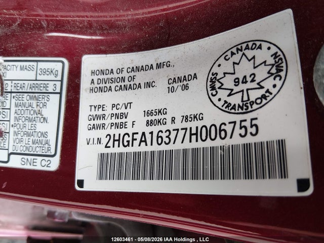 Продажа на аукционе авто 2007 Honda Civic Dx, vin: 2HGFA16377H006755, номер лота: 12603461