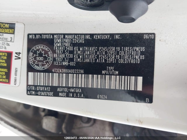 12603472 :رقم المزاد ، 4T3ZA3BBXAU033296 vin ، 2010 Toyota Venza مزاد بيع