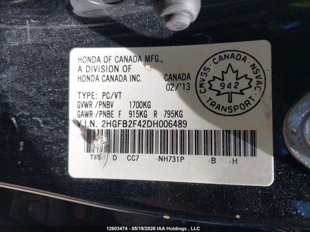 Продаж на аукціоні авто 2013 Honda Civic Lx, vin: 2HGFB2F42DH006489, номер лоту: 12603474