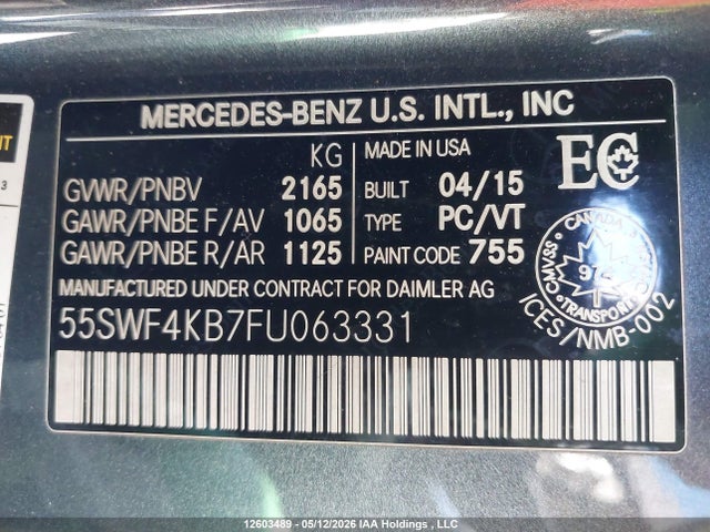 2015 Mercedes-benz C 300 4matic მანქანა იყიდება აუქციონზე, vin: 55SWF4KB7FU063331, აუქციონის ნომერი: 12603489
