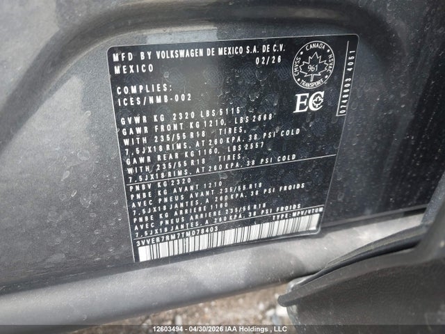 Продажа на аукционе авто 2026 Volkswagen Tiguan Se, vin: 3VVER7RM7TM078403, номер лота: 12603494