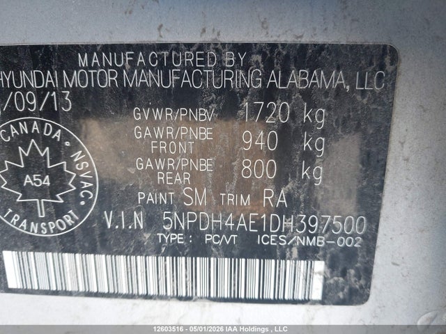 2013 Hyundai Elantra Gl მანქანა იყიდება აუქციონზე, vin: 5NPDH4AE1DH397500, აუქციონის ნომერი: 12603516
