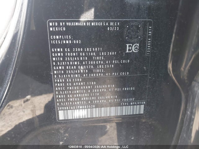 2023 Volkswagen Tiguan მანქანა იყიდება აუქციონზე, vin: 3VV8B7AX1PM083528, აუქციონის ნომერი: 12603518