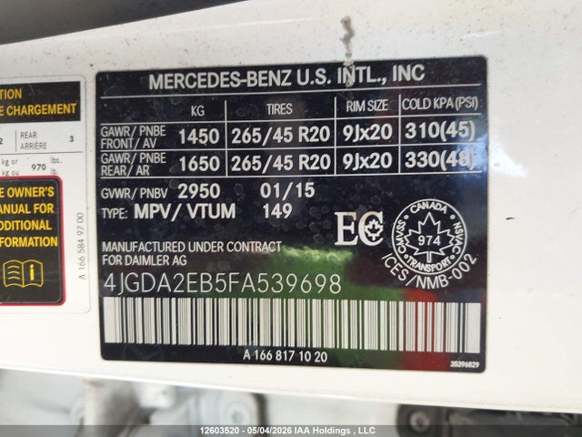Aukcja sprzedaży 2015 Mercedes-benz Ml 350 Bluetec, vin: 4JGDA2EB5FA539698, numer aukcji: 12603520