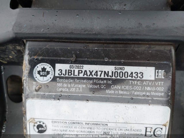 3JBLPAX47NJ000433 Can-Am Outlander Max Xt 1000r/xt-p 1000r