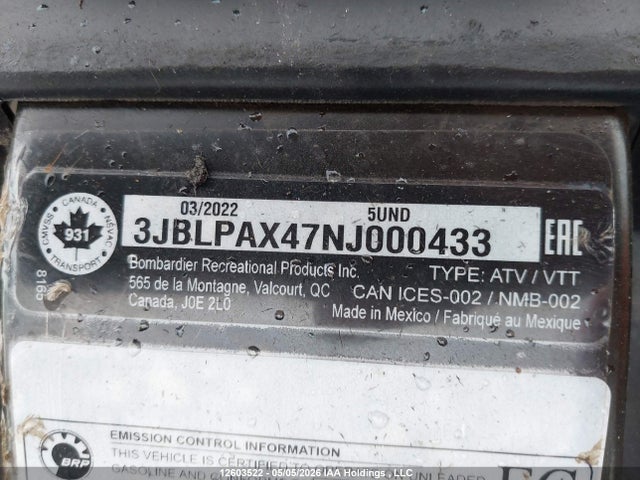 3JBLPAX47NJ000433 Can-Am Outlander Max Xt 1000r/xt-p 1000r
