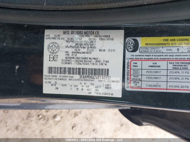 12603531 :رقم المزاد ، 3FAHP0HA7AR140551 vin ، 2010 Ford Fusion Se مزاد بيع