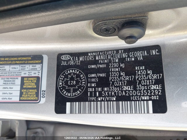 2013 Kia Sorento Lx მანქანა იყიდება აუქციონზე, vin: 5XYKTDA20DG352292, აუქციონის ნომერი: 12603532