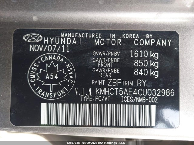 Продаж на аукціоні авто 2012 Hyundai Accent Gl, vin: KMHCT5AE4CU032986, номер лоту: 12597738