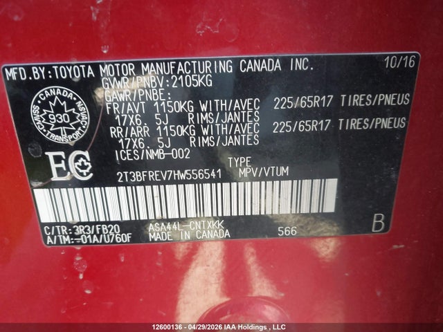 2017 Toyota Rav4 Le მანქანა იყიდება აუქციონზე, vin: 2T3BFREV7HW556541, აუქციონის ნომერი: 12600136