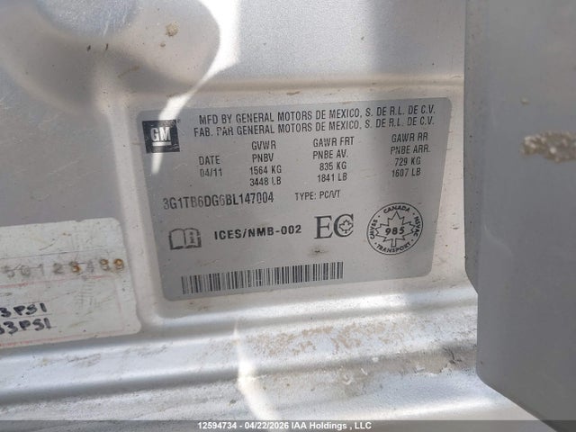 2011 Chevrolet Aveo Lt მანქანა იყიდება აუქციონზე, vin: 3G1TB6DG6BL147004, აუქციონის ნომერი: 12594734