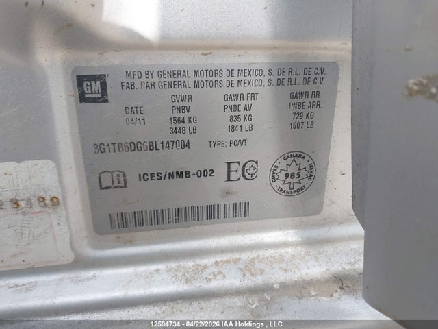 2011 Chevrolet Aveo Lt მანქანა იყიდება აუქციონზე, vin: 3G1TB6DG6BL147004, აუქციონის ნომერი: 12594734
