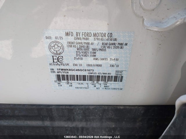 Продаж на аукціоні авто 2025 Ford Explorer St, vin: 1FMWK8GC4SGC61673, номер лоту: 12603543