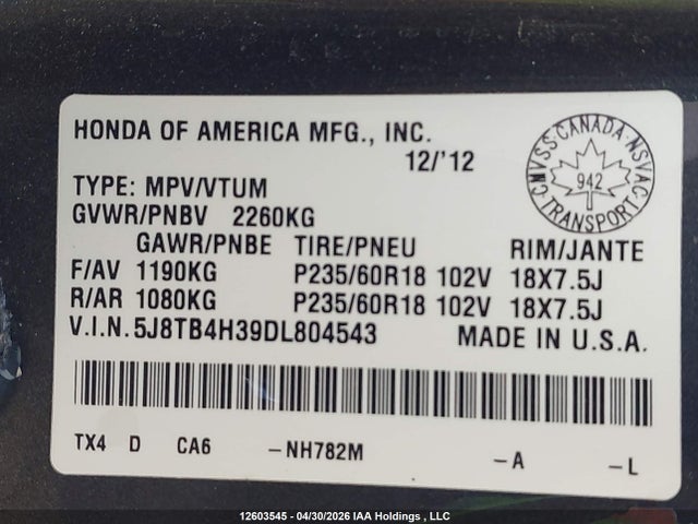 Продажа на аукционе авто 2013 Acura Rdx, vin: 5J8TB4H39DL804543, номер лота: 12603545