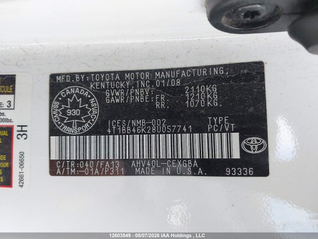 2008 Toyota Camry Hybrid მანქანა იყიდება აუქციონზე, vin: 4T1BB46K28U057741, აუქციონის ნომერი: 12603549