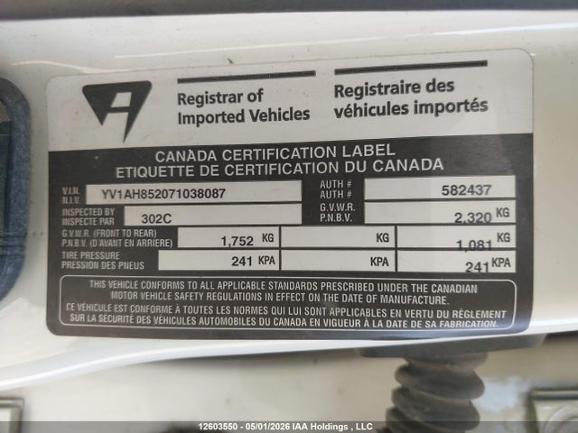 2007 Volvo S80 V8 მანქანა იყიდება აუქციონზე, vin: YV1AH852071038087, აუქციონის ნომერი: 12603550