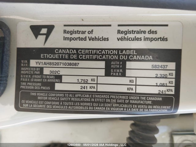 2007 Volvo S80 V8 მანქანა იყიდება აუქციონზე, vin: YV1AH852071038087, აუქციონის ნომერი: 12603550