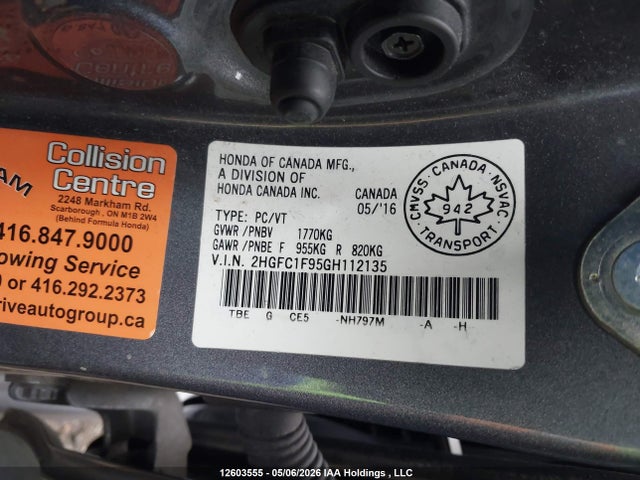 Продажа на аукционе авто 2016 Honda Civic Touring, vin: 2HGFC1F95GH112135, номер лота: 12603555