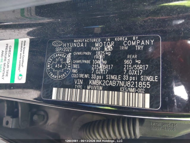Продажа на аукционе авто 2022 Hyundai Kona, vin: KM8K2CAB7NU821855, номер лота: 12603561