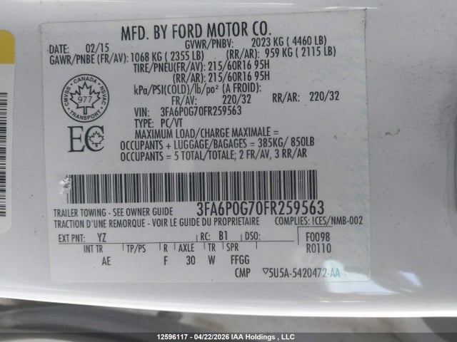 12596117 :رقم المزاد ، 3FA6P0G70FR259563 vin ، 2015 Ford Fusion S مزاد بيع