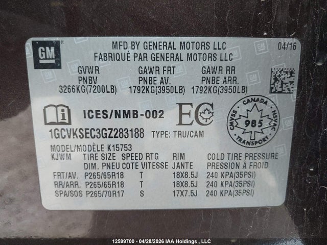 1GCVKSEC3GZ283188 Chevrolet Silverado 1500 2lz