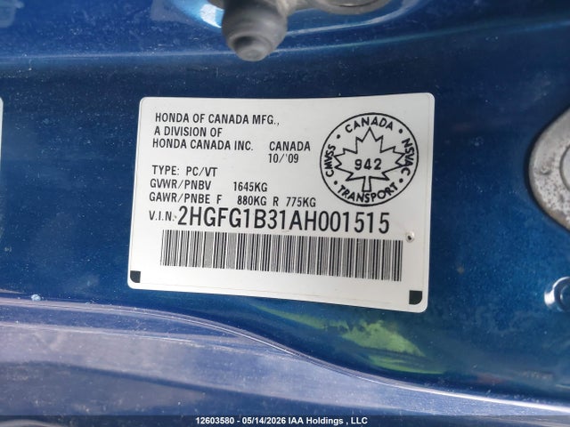 Продаж на аукціоні авто 2010 Honda Civic, vin: 2HGFG1B31AH001515, номер лоту: 12603580