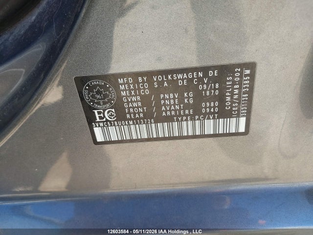 Продаж на аукціоні авто 2019 Volkswagen Jetta S/se/r-line, vin: 3VWC57BU0KM113726, номер лоту: 12603584