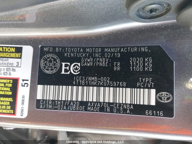 4T1B11HK7KU759768 Toyota Camry L/le/xle/se/xse