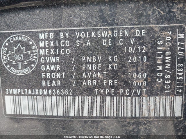 Aukcja sprzedaży 2013 Volkswagen Jetta Tdi, vin: 3VWPL7AJXDM636382, numer aukcji: 12603599