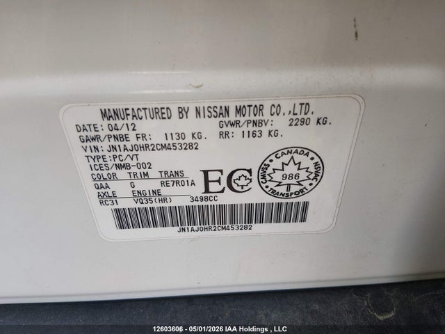 2012 Infiniti Ex35 მანქანა იყიდება აუქციონზე, vin: JN1AJ0HR2CM453282, აუქციონის ნომერი: 12603606