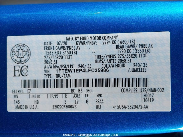 Продажа на аукционе авто 2020 Ford F150 Supercrew, vin: 1FTEW1EP4LFC35986, номер лота: 12603610
