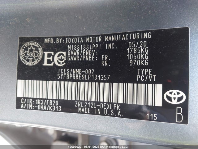12603622 :رقم المزاد ، 5YFBPRBE9LP131357 vin ، 2020 Toyota Corolla Le مزاد بيع
