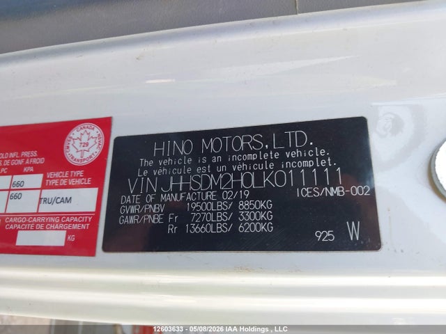 12603633 :رقم المزاد ، JHHSDM2H0LK011111 vin ، 2020 Hino Xjc740/xfc740 مزاد بيع