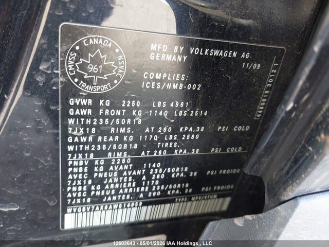 Aukcja sprzedaży 2010 Volkswagen Tiguan Se/sel, vin: WVGBV7AX6AW514959, numer aukcji: 12603643