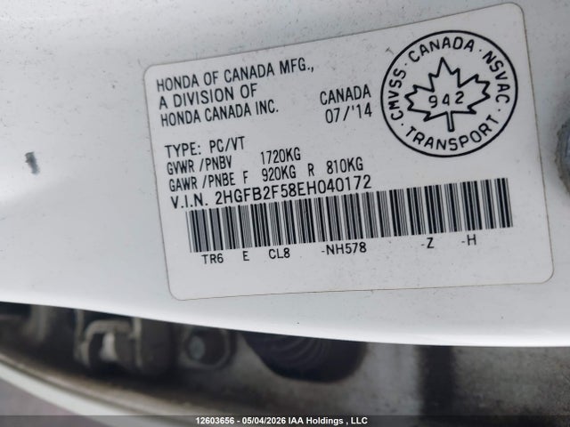 2HGFB2F58EH040172 Honda Civic Ex 4dr