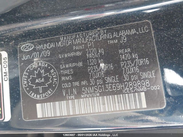 Продаж на аукціоні авто 2009 Hyundai Santa Fe, vin: 5NMSG13E69H289898, номер лоту: 12603657