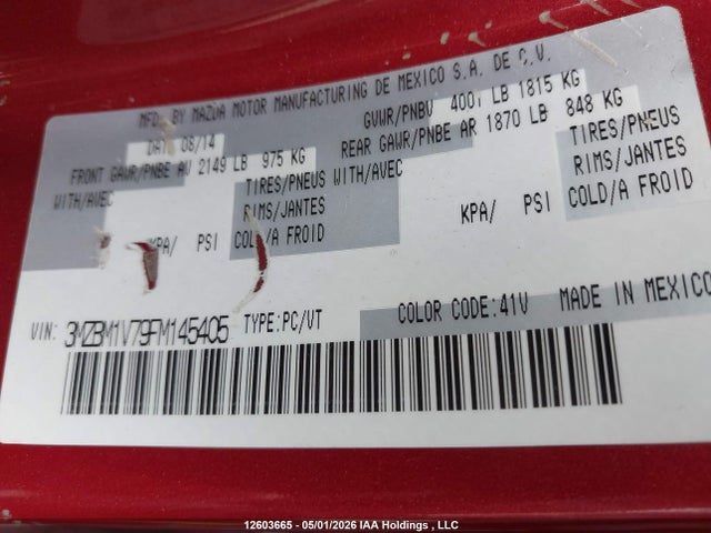 3MZBM1V79FM145405 Mazda 3 TOURING