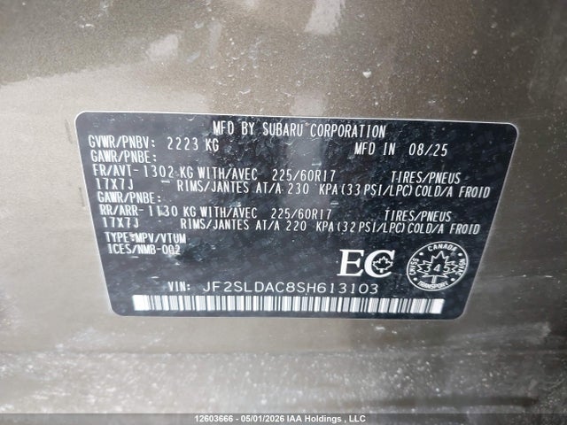 12603666 :رقم المزاد ، JF2SLDAC8SH613103 vin ، 2025 Subaru Forester مزاد بيع
