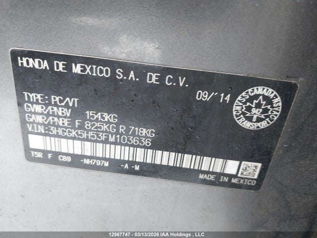 3HGGK5H53FM103636 Honda FIT LX