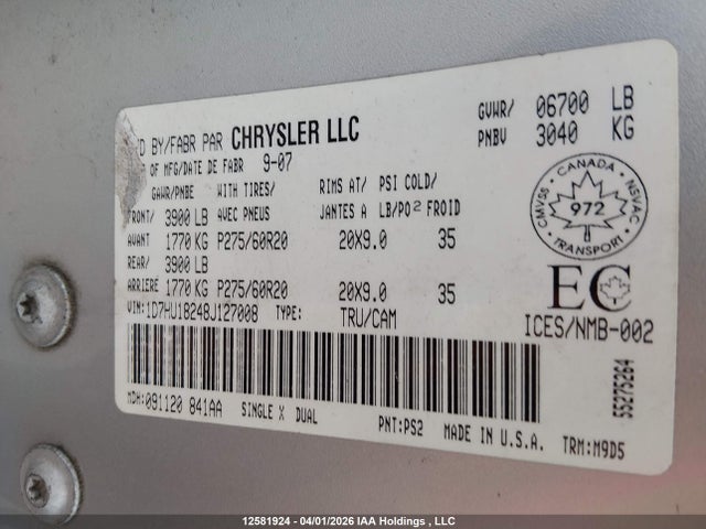 12581924 :رقم المزاد ، 1D7HU18248J127008 vin ، 2008 Dodge Ram 1500 St/slt مزاد بيع