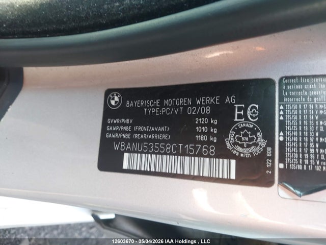 Продаж на аукціоні авто 2008 Bmw 3 Series, vin: WBANU53558CT15768, номер лоту: 12603670