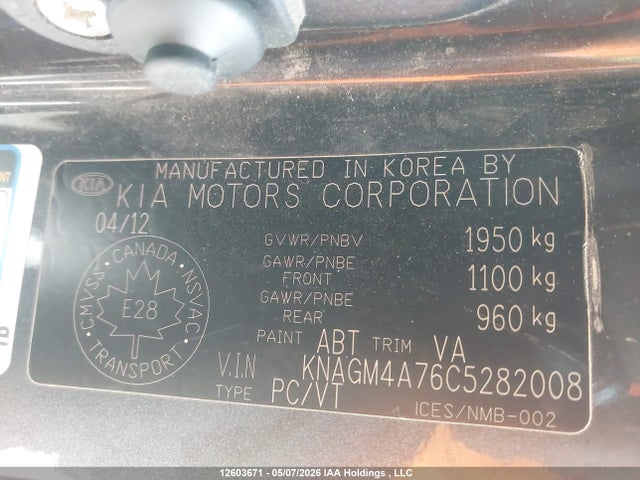 12603671 :رقم المزاد ، KNAGM4A76C5282008 vin ، 2012 Kia Optima Lx مزاد بيع