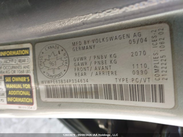 Aukcja sprzedaży 2004 Volkswagen Passat Sedan, vin: WVWPE63B34P334634, numer aukcji: 12603679