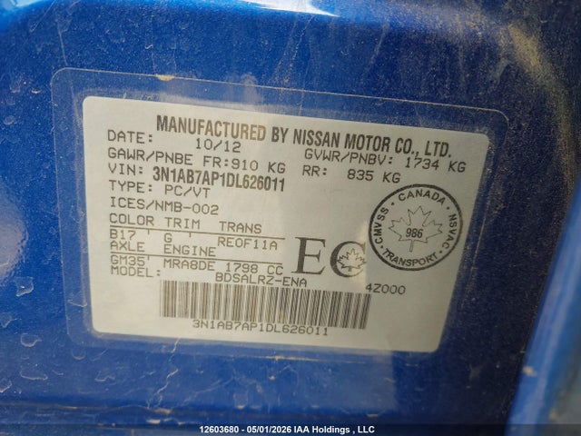 Aukcja sprzedaży 2013 Nissan Sentra 1.8 S/1.8 Sv, vin: 3N1AB7AP1DL626011, numer aukcji: 12603680