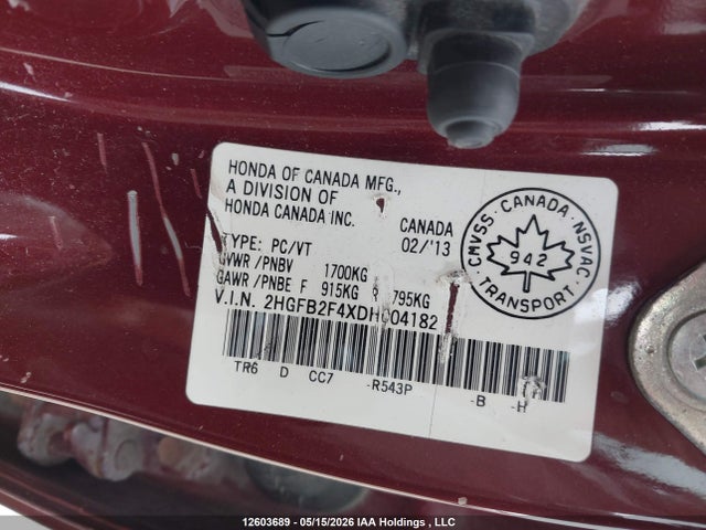 Продажа на аукционе авто 2013 Honda Civic Lx, vin: 2HGFB2F4XDH004182, номер лота: 12603689