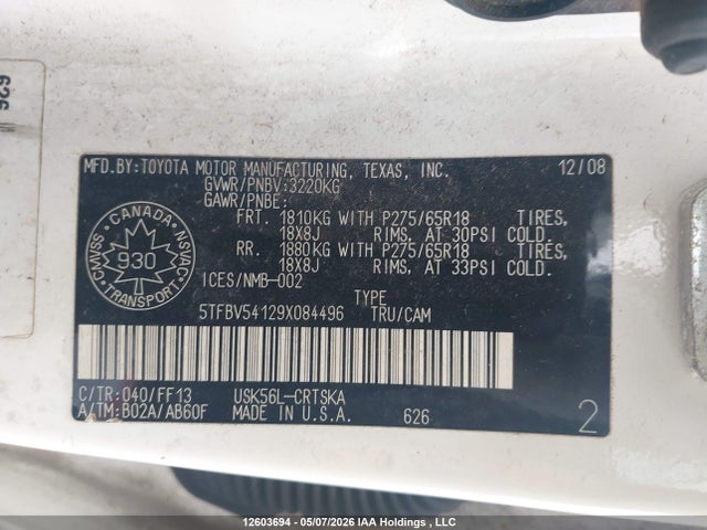 2009 Toyota Tundra Double Cab/double Cab Sr5 მანქანა იყიდება აუქციონზე, vin: 5TFBV54129X084496, აუქციონის ნომერი: 12603694
